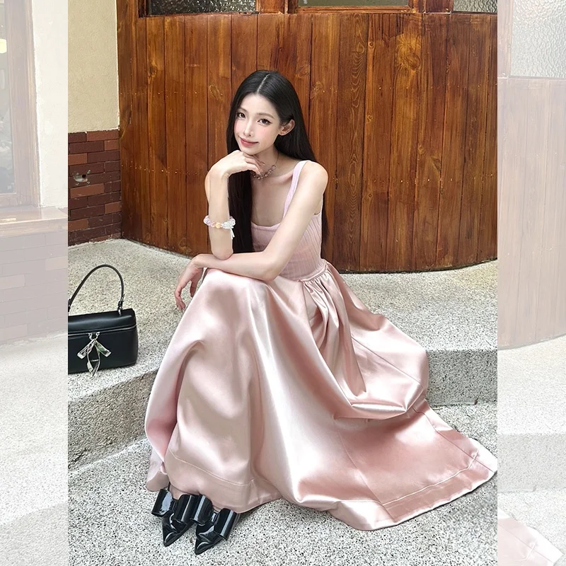 핑크 스트랩리스 롱 드레스 여성 여름 신상 허리 조임 민소매 생일 파티 가운 A라인 스커트 원피스