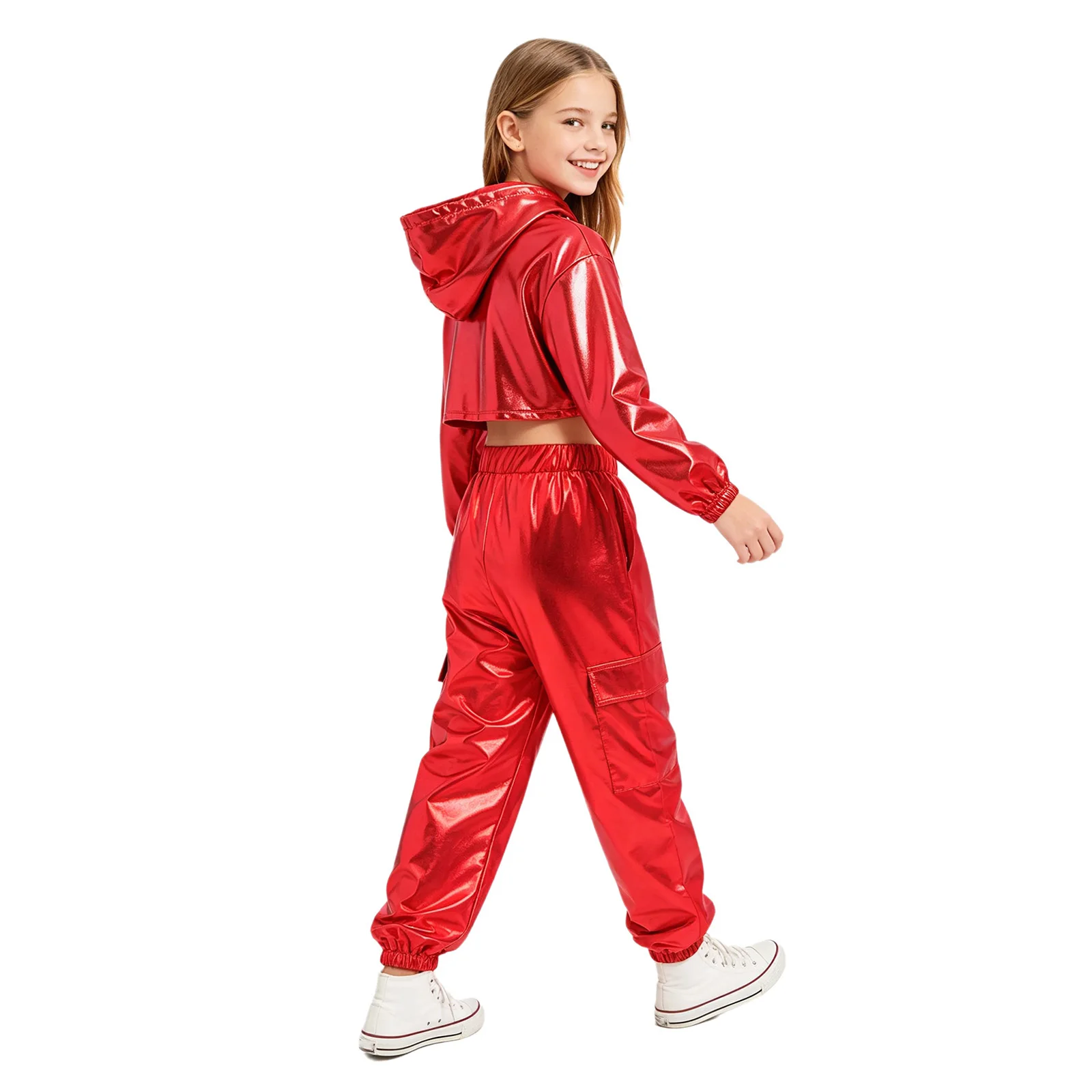 Kids Girls Hip-hop Jazz Dance Outfit Long Sleeve Metallic Cropped Hoodie Top with Vest Cargo Pants for School Show Street Dance