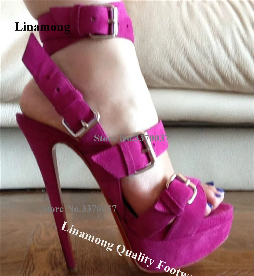 

Linamong Newest Straps Cross Metal Buckles Stiletto Heel Sandals Open Toe Suede High Platform Thin Heel Party Heels