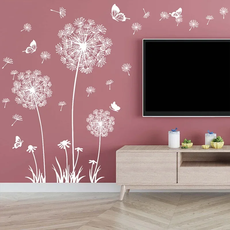 DIY White Dandelion Wall Sticker Decals Waterproof Decorative Peel and Paste Butterflies Flying for Sofa Backdrop Accessory