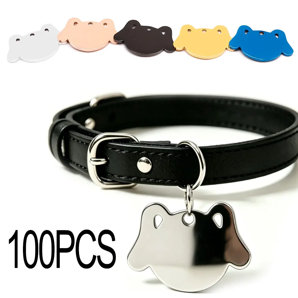 100PCS Stainless steel Dog Head Tag Metal Keychain Pendant Personalized Tag Dog Collar Charm Double-sided Laser Cat Name
