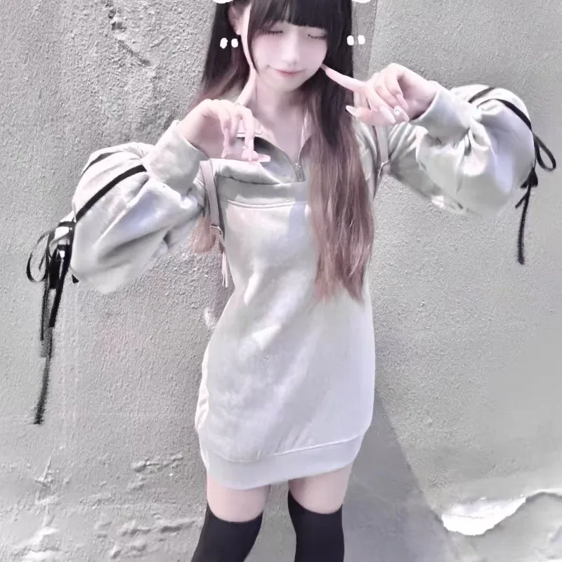 

Japanese Sweet Bow Tie-up Design Package Hip Skirt Autumn Zipper Design Hoodie Dress Grey Kawaii Casual Long-sleeve Mini Dresses