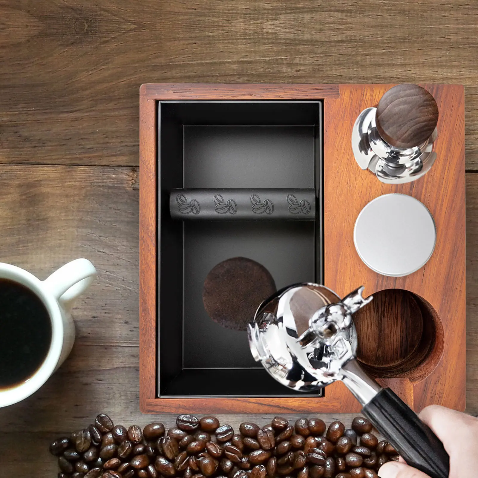 

Espresso Knock Box Solid Wood And Metal Tamping Station Tamper Holder Coffee Grounds Residue Box for Coffee Milk Tea Shop