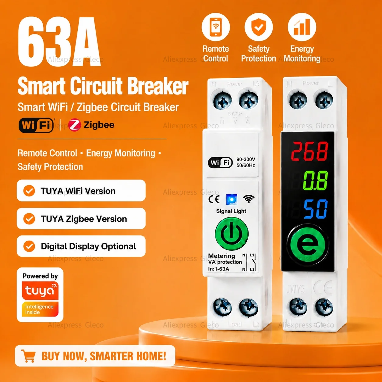 TUYA 63A Smart Circuit Breaker WiFi Zigbee Switch APP Remote Control Timer Energy Monitor Voltage Current Overload Protection