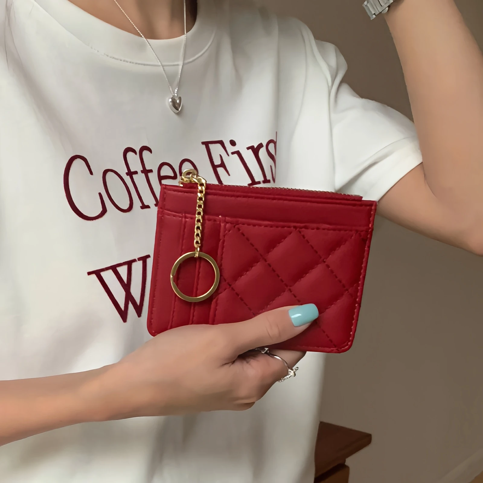 Gewatteerde minimalistische ringui mini-portemonnee - ID-tas met meerdere kaartsleuven en ID-houder, portemonnee met ritssluiting, kunstleer-tan