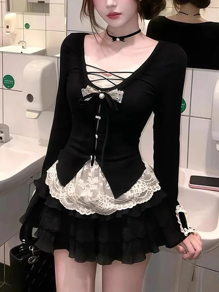 

Bla Lace Splice Slim Fit Трикотажный топ и пышная юбка Комплект Pure Desire Sweet And Spicy Design Высокая талия Flattering Women's F...