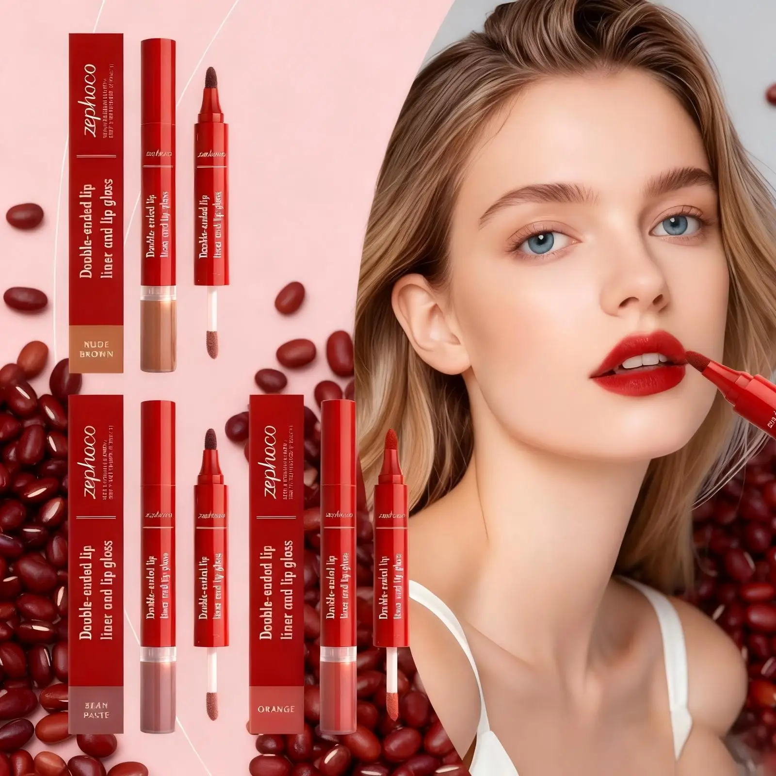 Zephoco 2 en 1 crayon à lèvres imperméable tache brillant à lèvres maquillage cosmétiques Double tête résistant aux taches brillant Non collant 3D ensemble de teinte à lèvres