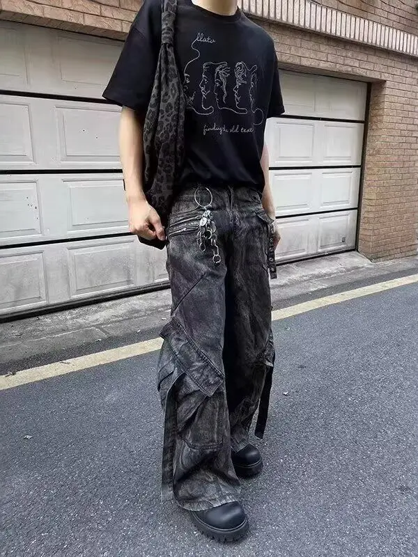 American Streetwear Vintage Design Large Pocket Zipper Denim Jeans High Waist Workwear Micro Flared for Men And Women