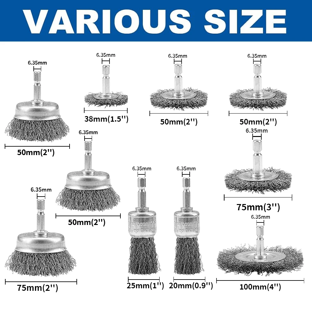 10 Pack Wire Brush Wheel Cup Brush 1/4 Inch Hex Shank Wire Drill Brush for Metal Rust Removal Wood Cleaning Grinding Tool
