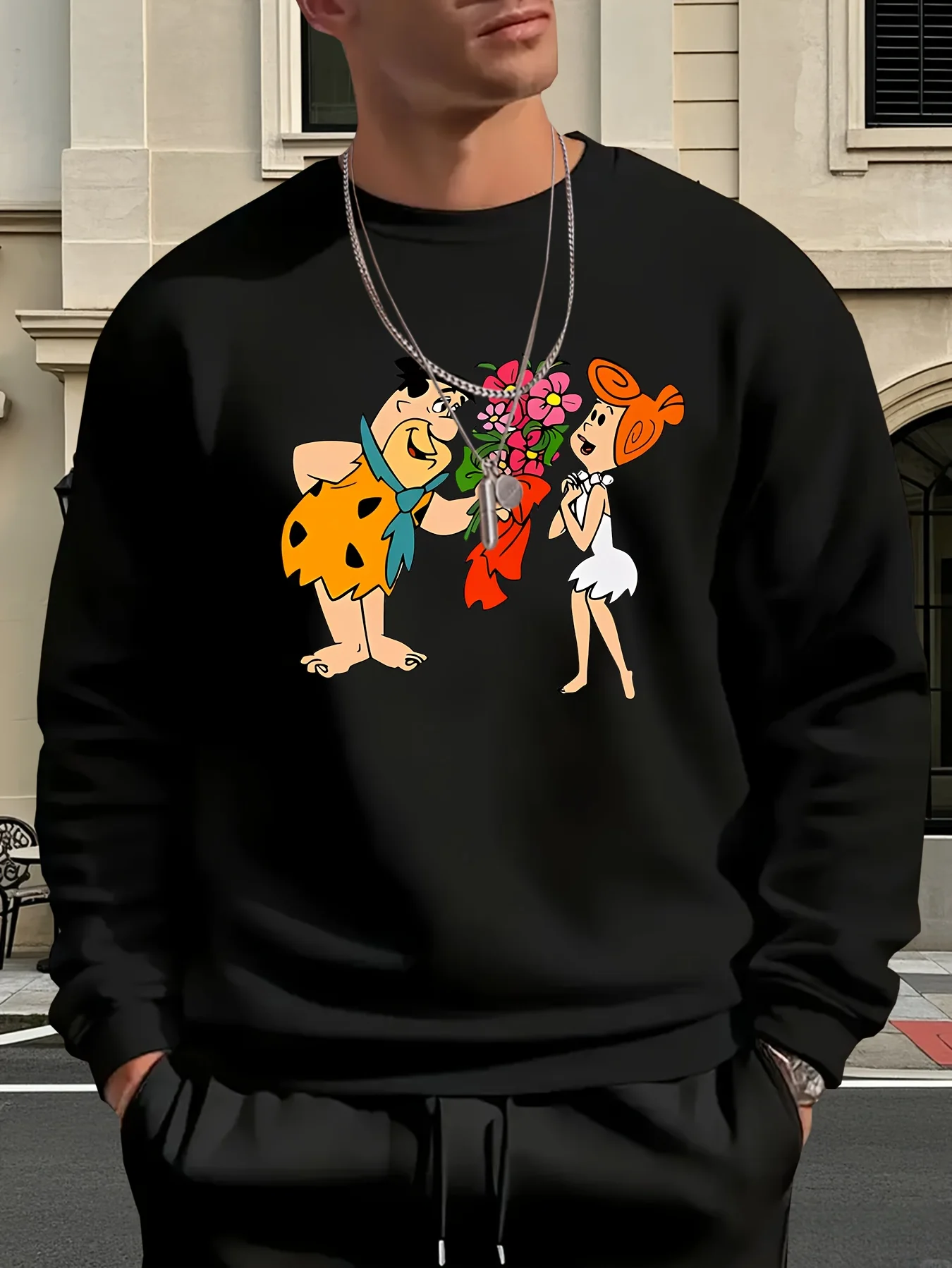 سويت شيرت رجالي برقبة دائرية وطبعة كرتونية كلاسيكية - بلوفر كاجوال مريح مع فريد فلينستون وبارني روبل #1