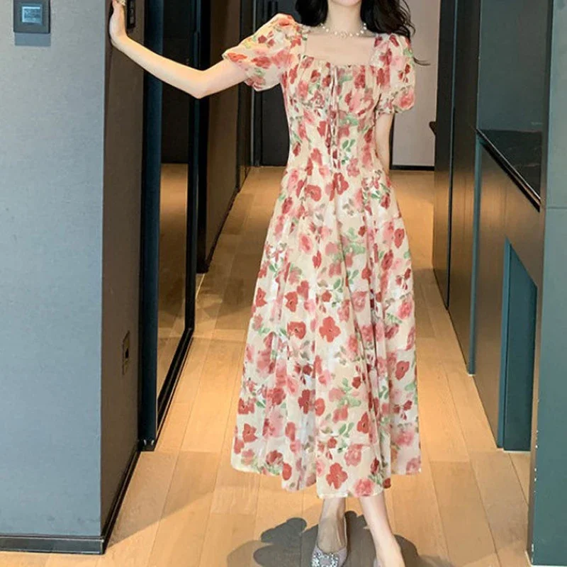 Women Summer Fashion Floral Print Square Collar Lace-up Elegant Party Dresses Sweet Chic Short Sleeve Slim Fairy Midi Dress Robe