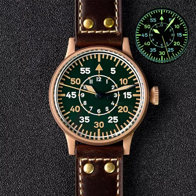 Imagem -02 - Hruodland-bronze Flieger Pilot Ver Pt5000 Automático Mecânico Safira Vidro Impermeável Luminoso Relógio de Pulso Militar 10atm