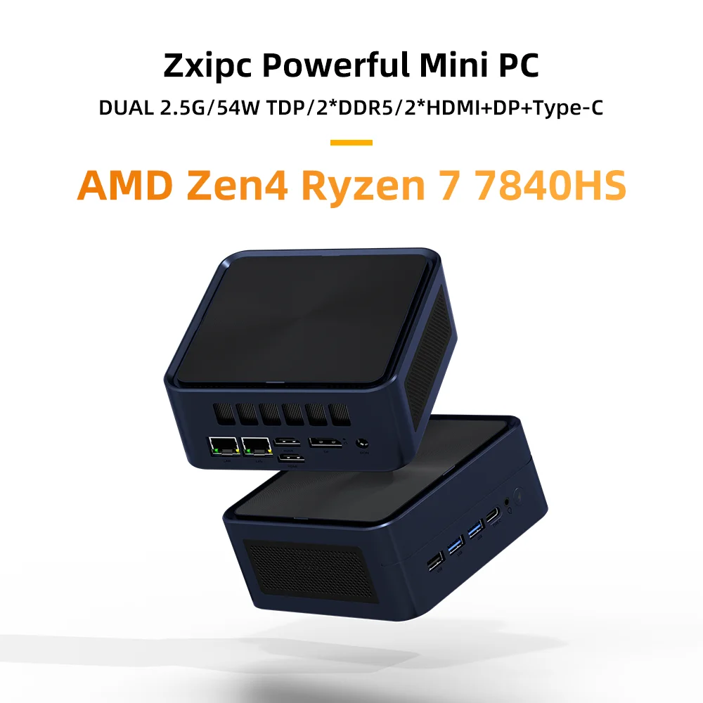 ZXIPC Mini PC AMD Ryzen 7 7840HS DDR5 M.2 NVME SSD Computadores de mesa com suporte para exibição HDMI 4K/WiFi6/USB3.2/Escritório