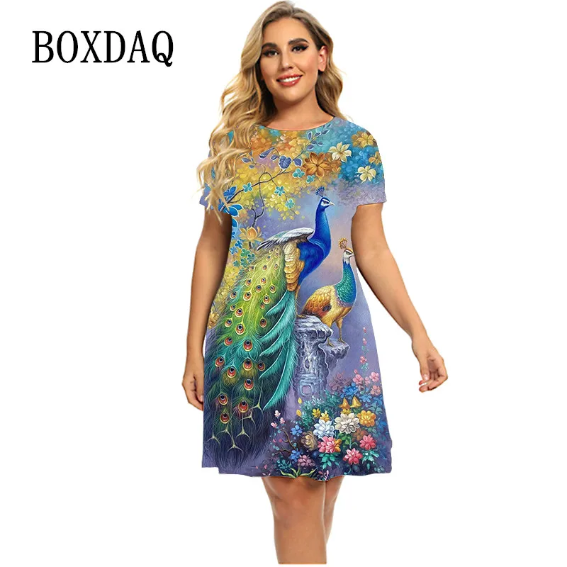 2023 Elegant Ladies Dress Casual Tie Dye Peacock 3D Print Vintage Loose Oversized Dress Women Summer Short Sleeve Party Dresses