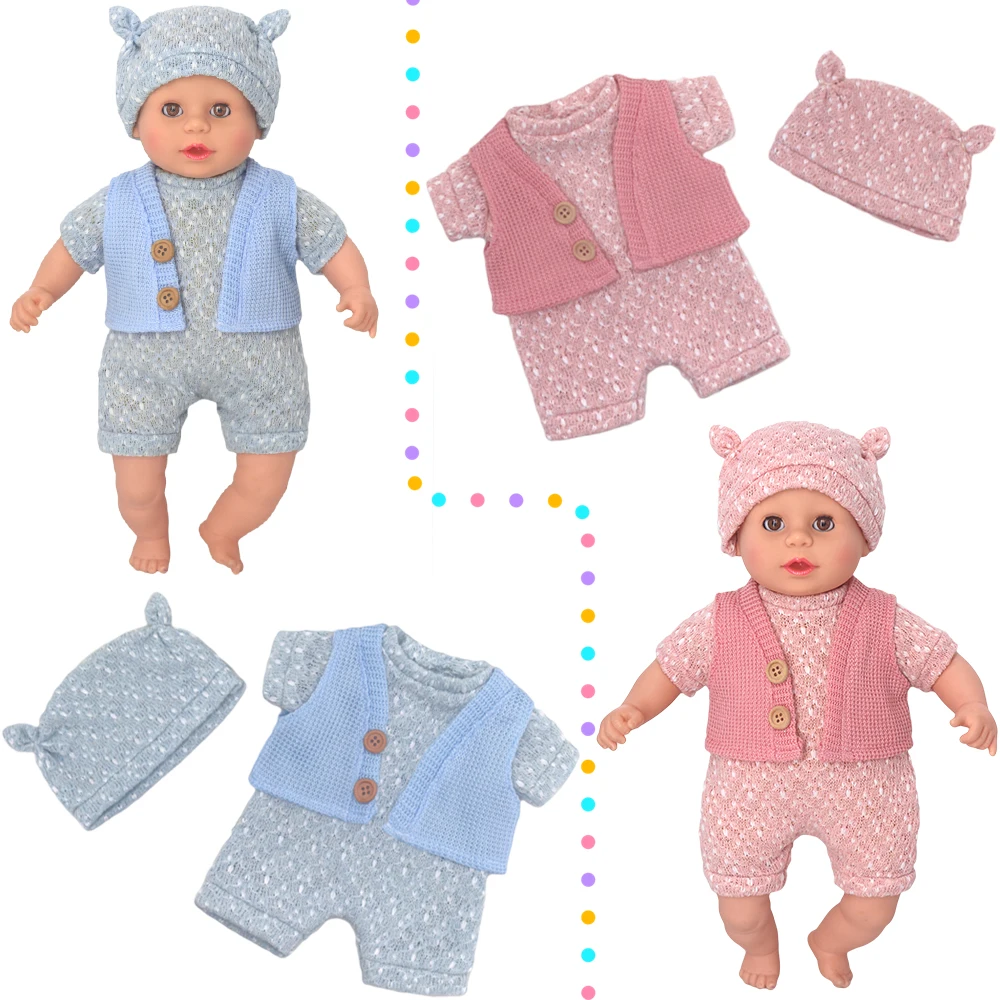 35-43cm Baby Doll Clothes 3pcs Knitted Romper Vest Hat Set for 14-17 Inch New Born Doll Accessories