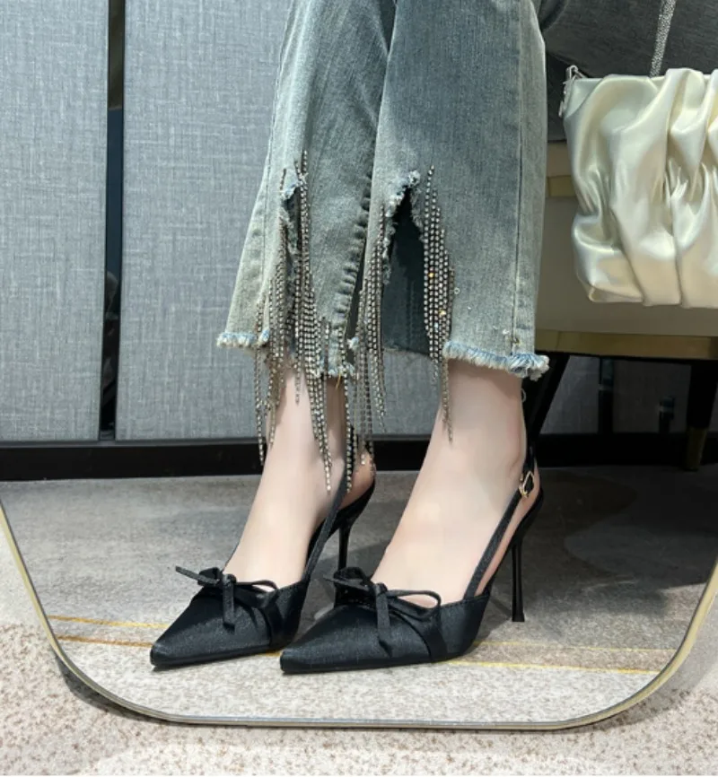 Women Pumps Ladies Sexy Buckle Strap Roman 9CM High Heels Pointed Toe Butterfly Knot Sandals Party Wedding Shoes Size 40 Black