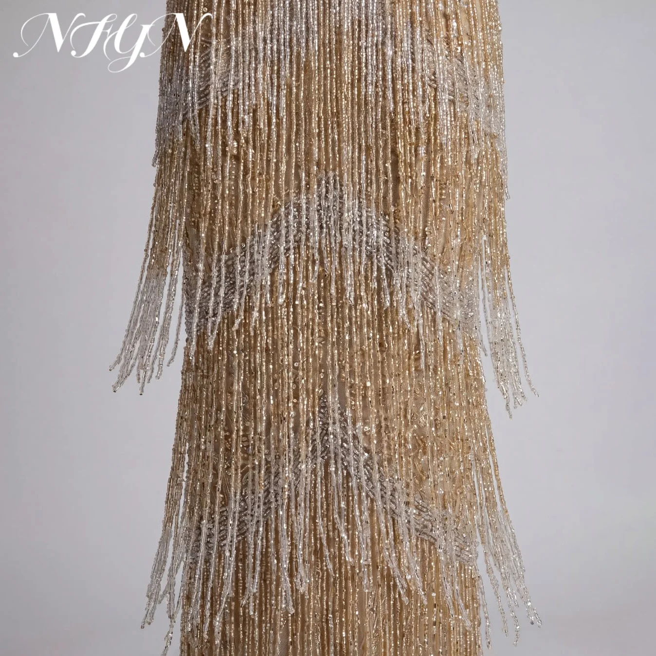 NFYN Champagne Nude Mermaid Prom Dress Sequined Lace Bead Evening Dress Shimmer Bead Fringe Mesh Floor Party Dress Customized image 4