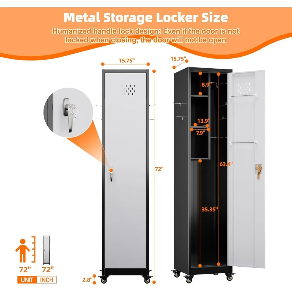 ตู้เก็บของขนาด 72 นิ้ว พร้อมล้อเลื่อน, ตู้เก็บเครื่องมือทำความสะอาดโลหะแบบล็อคได้พร้อมตะขอ, อุปกรณ์ทำความสะอาดสำหรับชั้นวางไม้กวาด