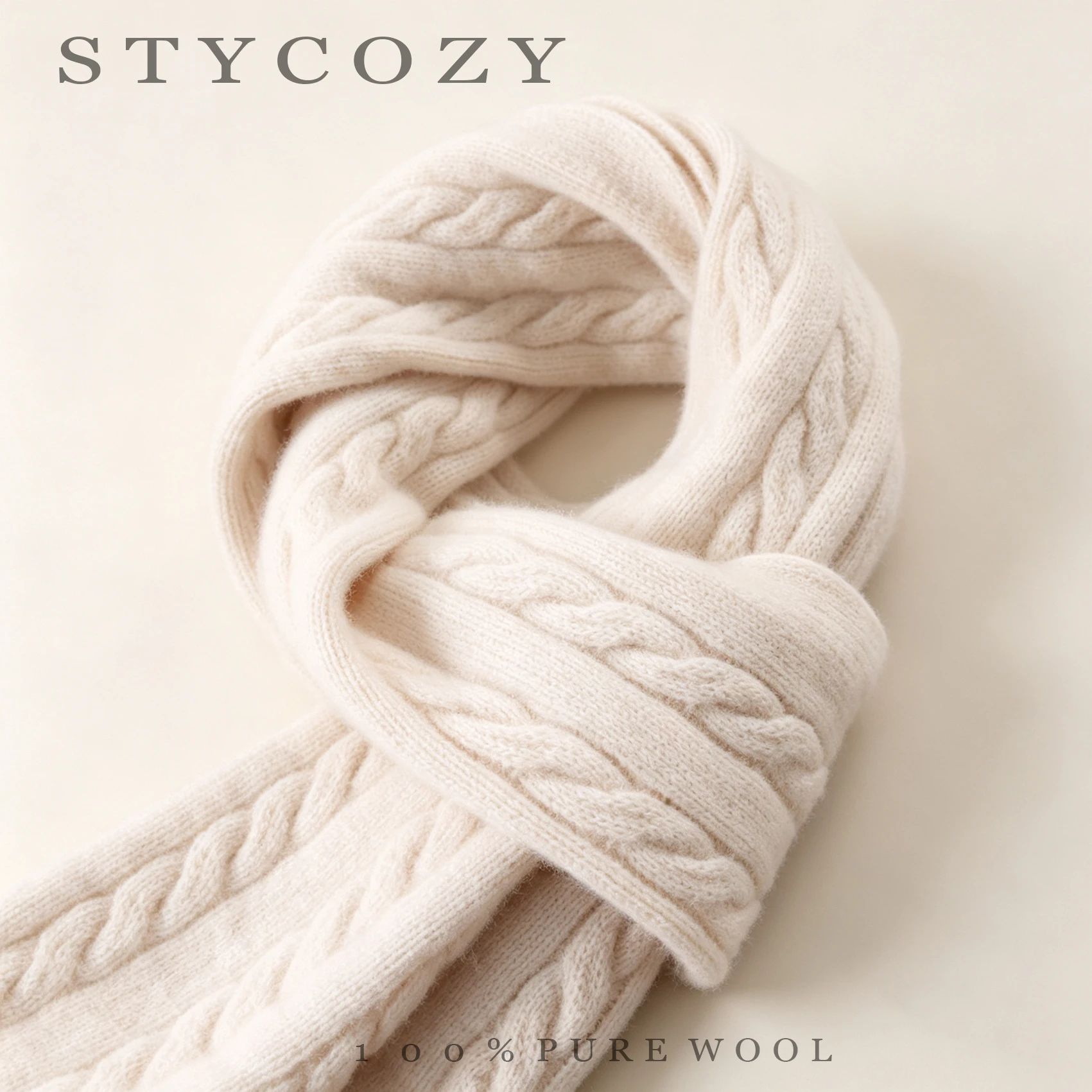 100% Wool Solid Color Knitted Warm Twisted Thick Scarf Outdoor Wind-Resistant And Cold-Proof Knitted Neck Warmer For Men&Women