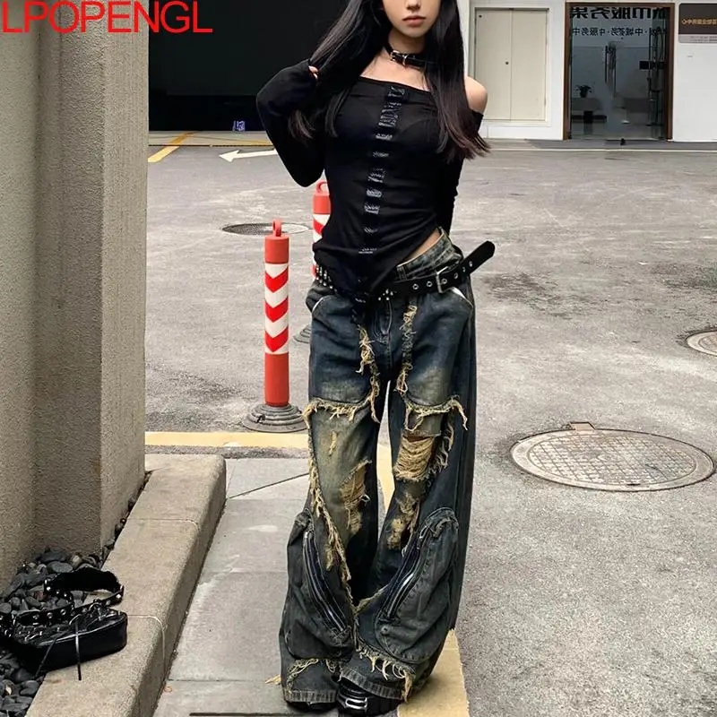 2026 American Style Fringed Ripped Loose Jeans Women Spring And Summer Vintage Large Pocket High Street Straight Wide Leg Pants