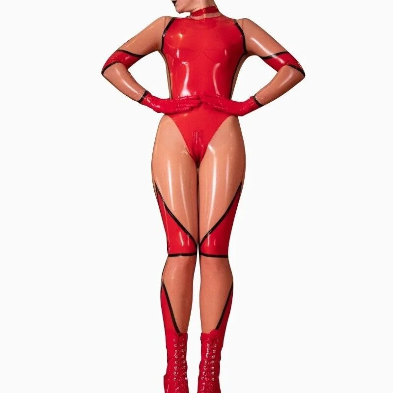 

Women Latex Gummi Catsuit Red and Transprent with Trims Bodysuit Custom Made 0.4mm