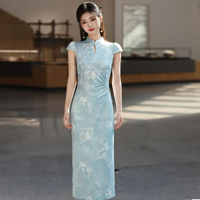 

Новое синее женское платье-ципао в китайском стиле, улучшенная модель 2026 года, летнее, для молодых женщин
