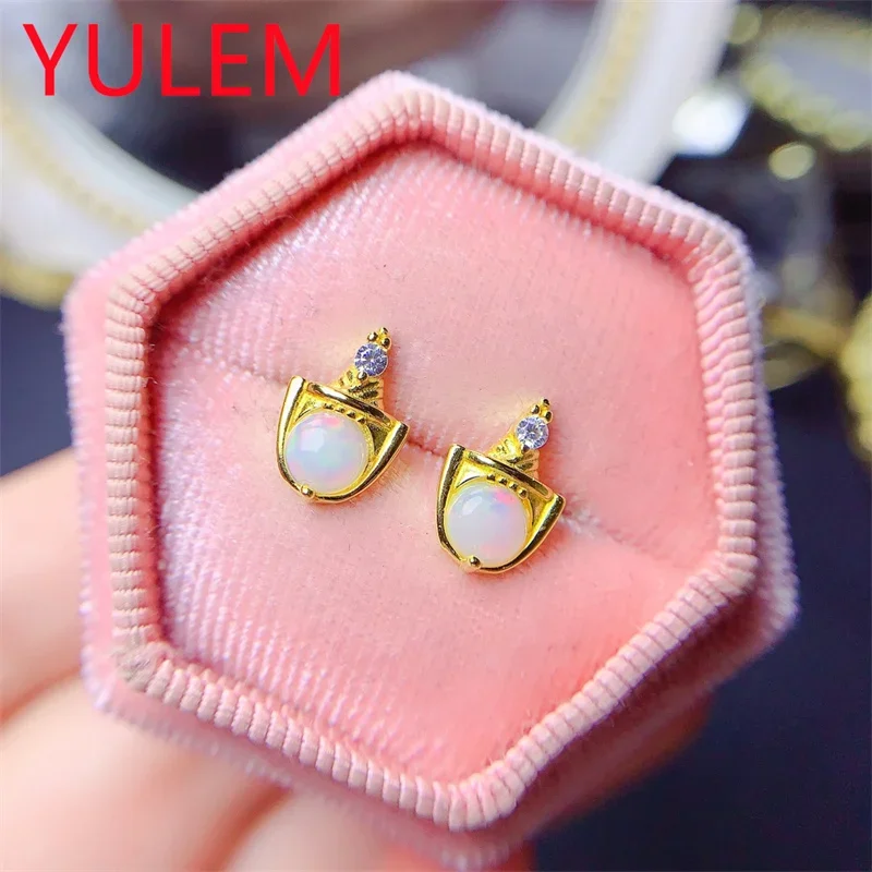 Simple Opal Silver Earrings for School Girl 5mm Natural White Opal Stud Earrings Solid 925 Silver Opal Jewelry