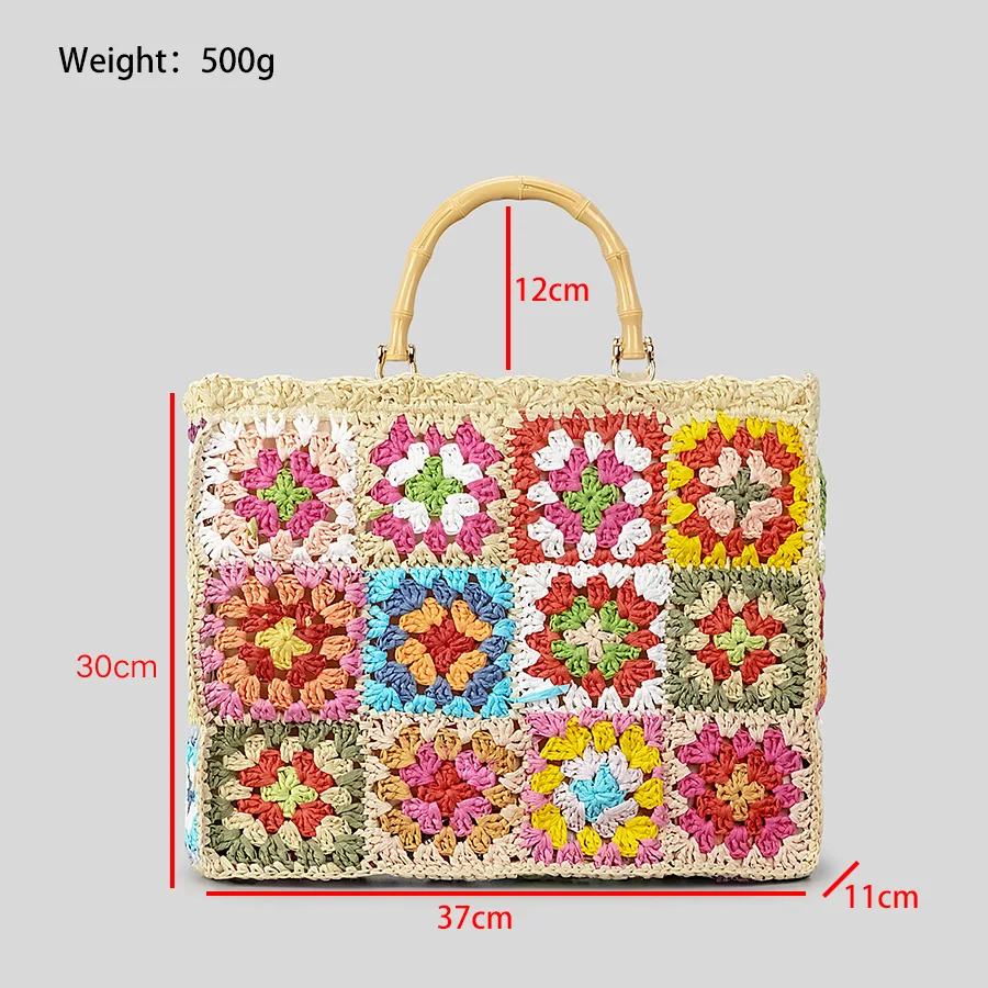 Bolsas xadrez flor boêmia para mulheres sacolas tecidas, bolsa de tricô, alça de bambu falso, bolsas de compras, cor, designer, 2024