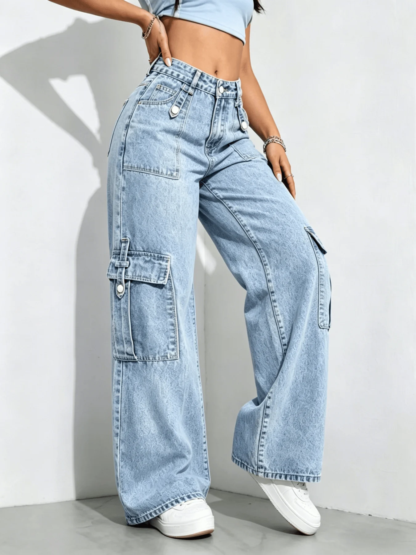 High Waist Light Blue Cargo Wide Leg Pants Multi Pocket Snow Washed Loose Drape Hip Cover Slim Street Trendy Daily Outfit Women