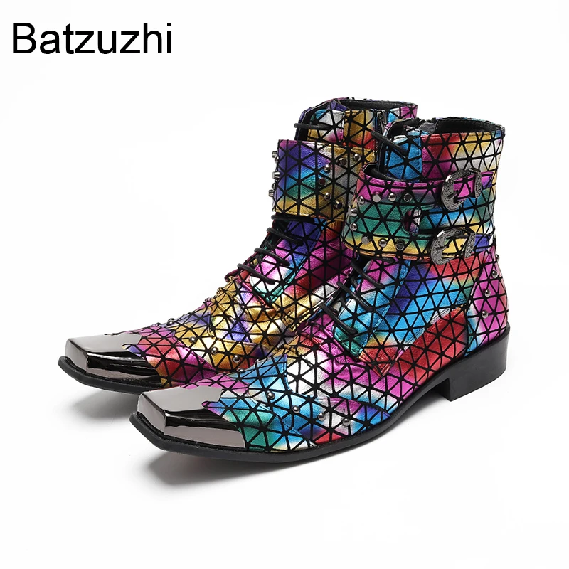 Batzuzhi Pop Muti-color Men's Boots with Metal Toes Punk Leather Ankle Boots Men Zips Buckles Punk Party, Runway Boots for Man!