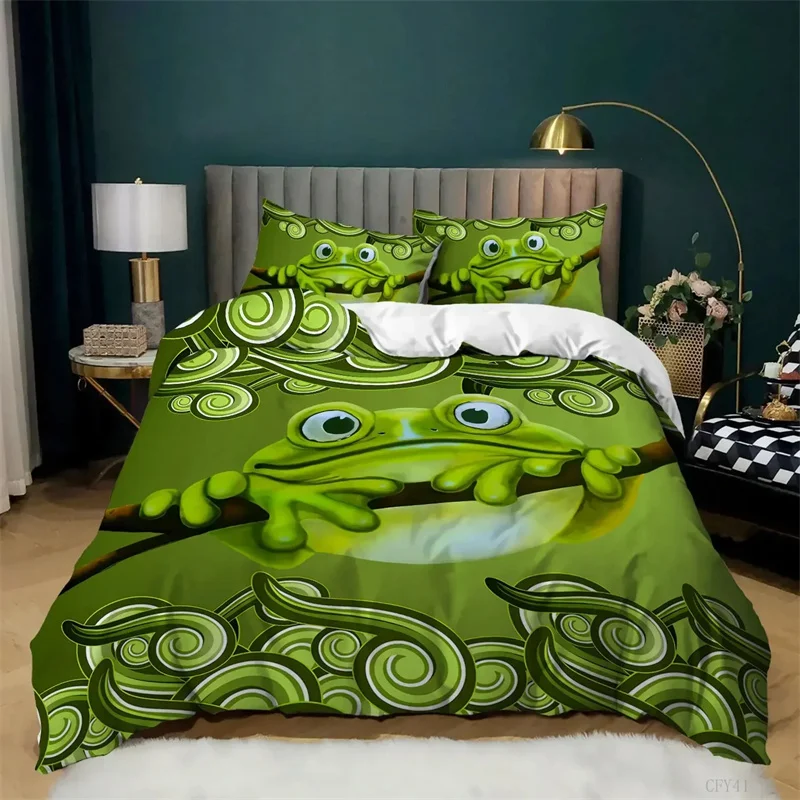 Frog Duvet Cover Set King Size Funny Frog Tropical Amphibian Bedding Set For Kid 3D Tropical Nature Animal Polyester Quilt Cover