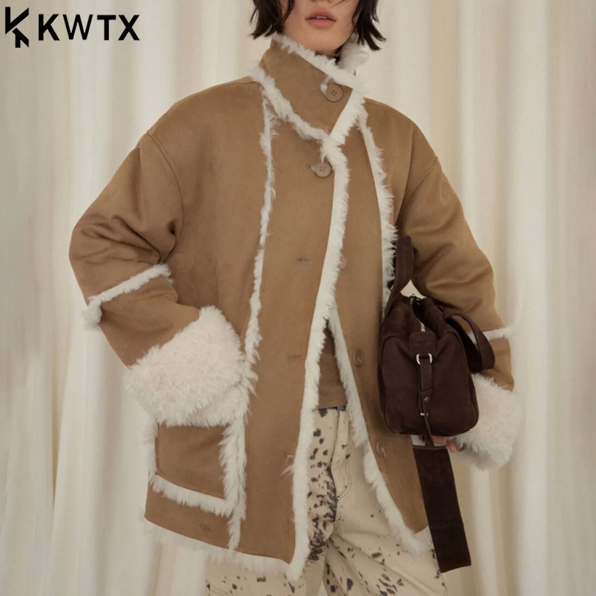 

KWTX Women’s Autumn Winter Jacket Color Block Patchwork Fur Single Breasted Stand Collar Vintage Elegant Design Casual New 2025