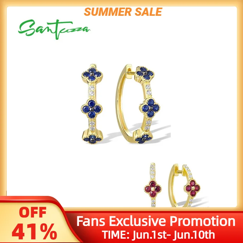 

SANTUZZA Authentic 925 Sterling Silver Hoop Earrings For Women Created Ruby Blue Sapphire White CZ Exquisite Flower Fine Jewelry