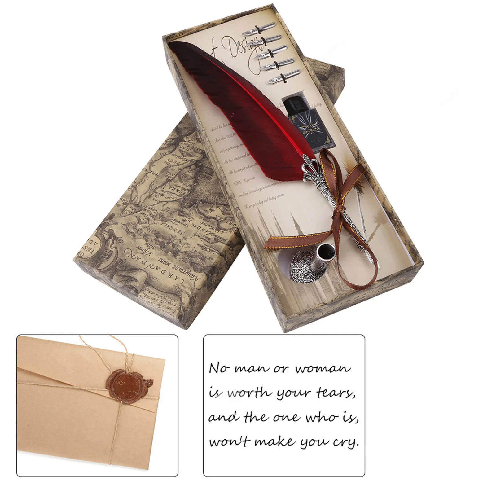 Engelse kalligrafie Dip Quill Pen Schrijven Inktset Briefpapier Geschenkdoos met 5 penpunten pennenset ganzenveer kroontjespen