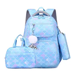 Zaino per bambini da 3 pezzi/set con ciondolo a forma di sirena Borsa da scuola impermeabile per ragazza Zaino per bambini per ragazze adolescenti Stampa a squame di pesce