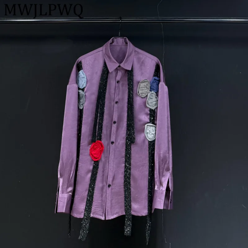 

MWJLPWQ Summer Trendy Design Handmade Floral Three-Dimensional Purple Shirt For Men Long-Sleeve Loose Casual Tops Elegant 15928