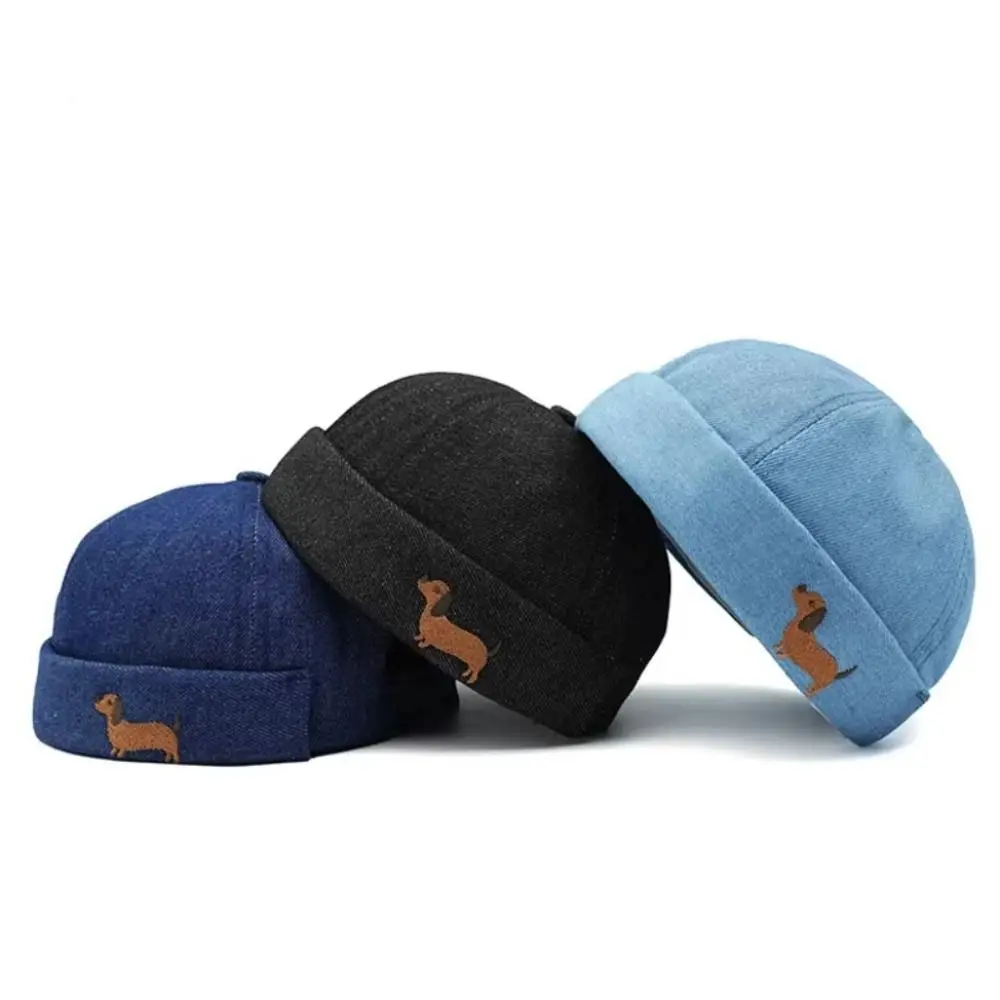 Повседневная джинсовая кепка без полей в стиле ретро, японский стиль, мультяшная шляпа с вышивкой собаки, регулируемая кепка-докер, унисекс