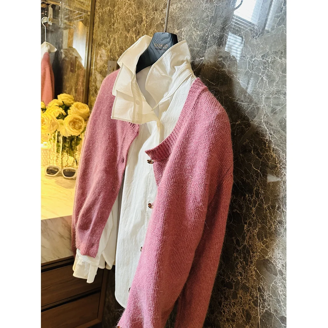 

Вязаный кардиган Gumei Jie Sweet Sle Long с V-образным вырезом, на пуговицах, из бархатистой ткани, цвета сливового розового, простой и элегантный, для женщин