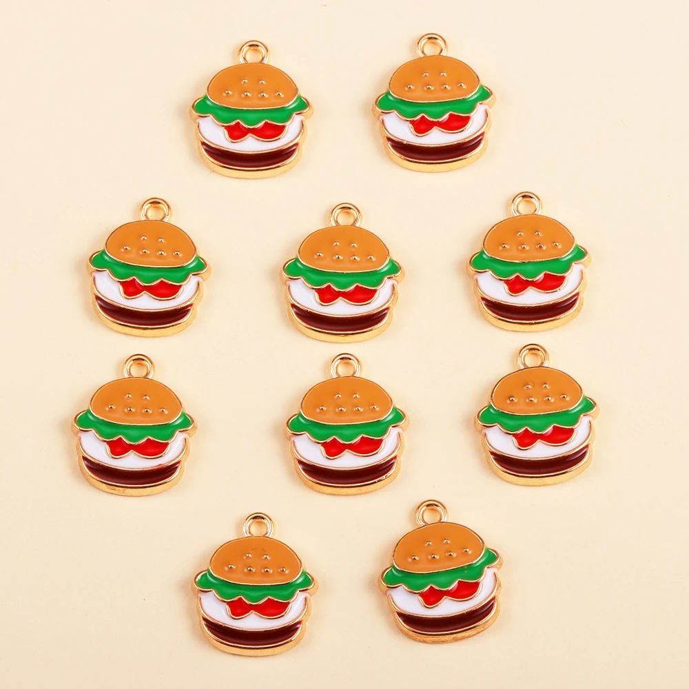 

10Pcs 15x17mm Gold Plated Enamel Hamburger Charm Handmade Jewelry Accessories Diy Cute Burger Food Earing Keychain Pendant Craft