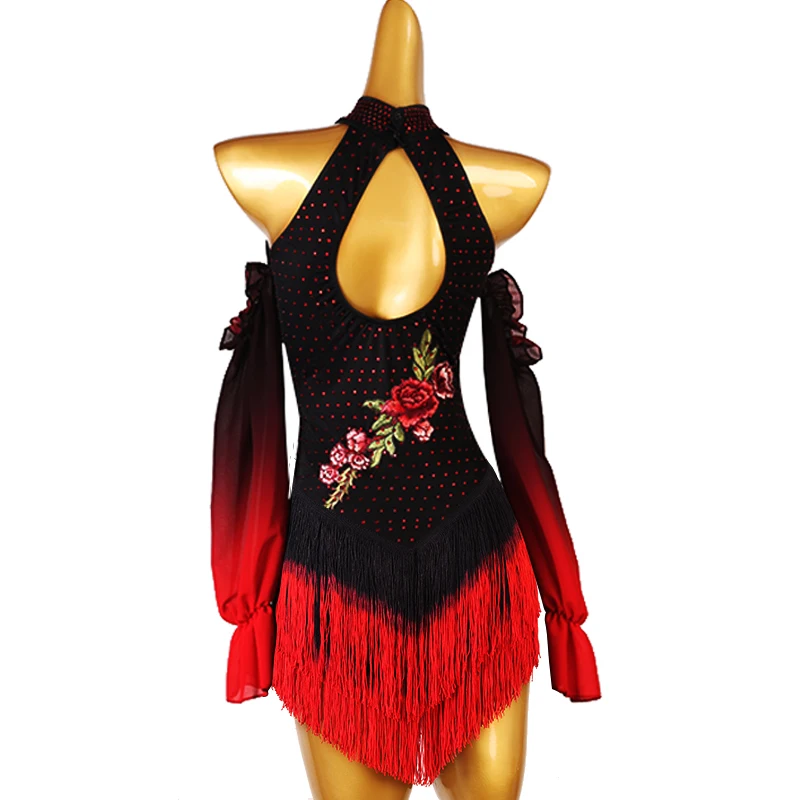 Figure Skating Dress red black fringe Women girl Ice Skating Dress Gymnastics Costume custom crystal rhinestone b288