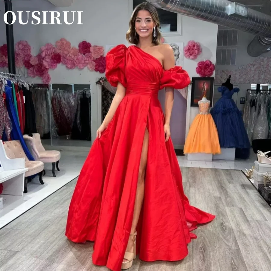 OUSIRUI One-Shoulder-Puffärmel, hoher Schlitz, lange Abendkleider für formelle Anlässe, A-Linie, Smaragd-Taft, Abschlussball-Partykleid, gerüscht