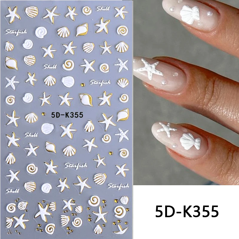 1 pz 5D Bianco Ibisco Floreale Oro Oceano Animali In Rilievo Unghie artistiche Adesivi Conchiglie Metalliche Conchiglia Stelle Marine Linee Manicure FAI DA TE