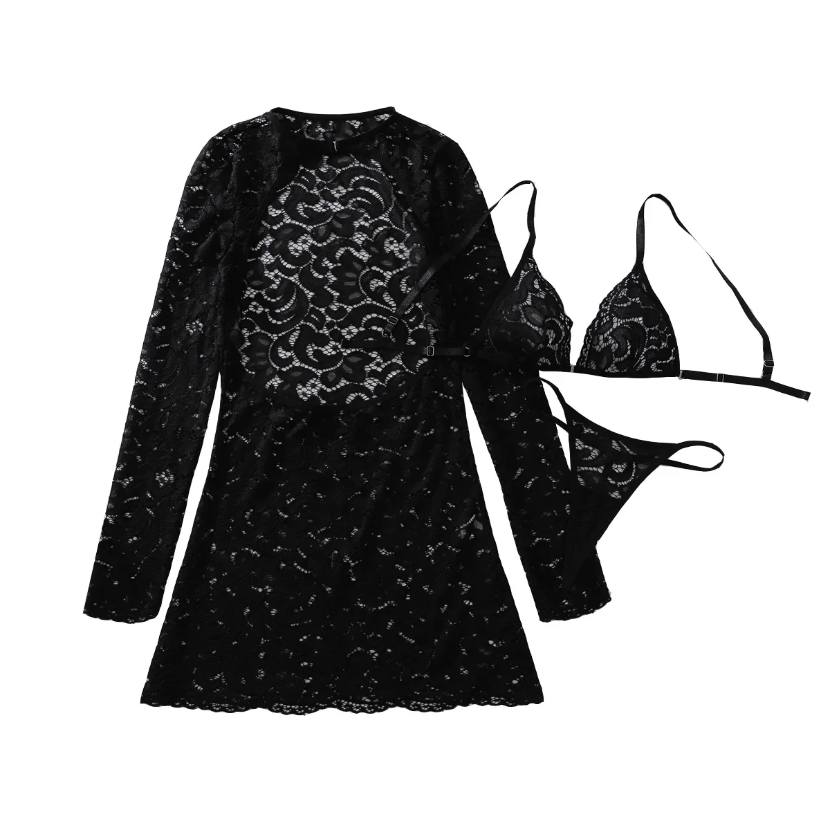 

Black sexy and romantic suit spicy girl see-through lace cutout smock set body-hugging skirt paired with shaping underwear set