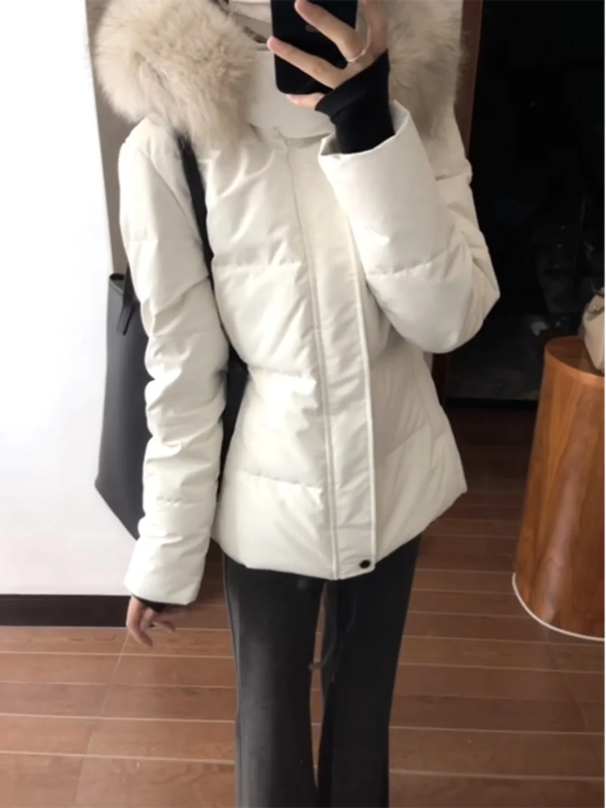 

Korean Sle ort Puffer Jaet Women's Winter Thiened Premium Bread Coat Fur Collar Hooded Cotton Outerwear