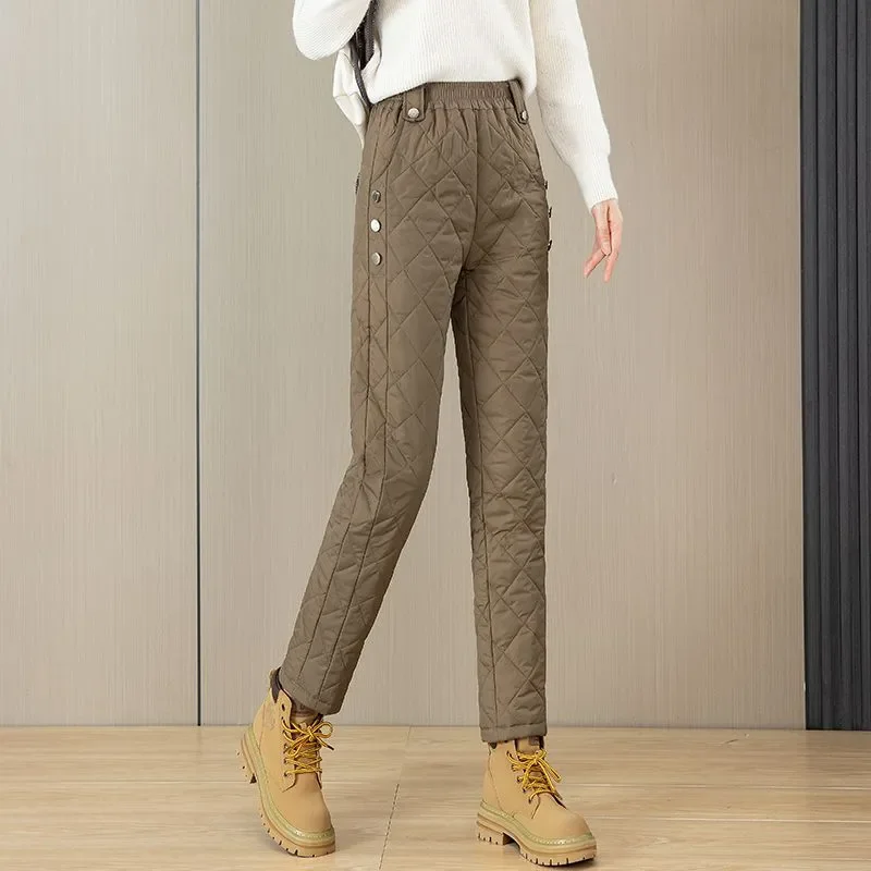 

Autumn And Winter Woman Quilted Solid Color Comfortable Cotton Trousers Loose Warm Elastic Waist Retro Straight Pants