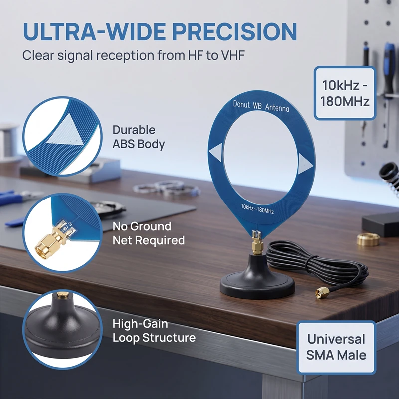 Ulepszona antena typu donut CJSD, kompatybilna z radiami SDR, 10 kHz-180 MHz, AW/MW SW/FM VHF, szerokopasmowa antena odbiorcza z bazą SMA. — zdjęcie produktu 6