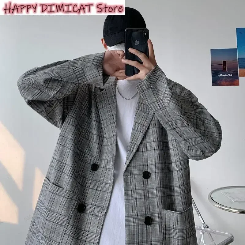 Men's Vintage Casual Oversized Plaid Blazer, Male Jacket, Basic Coat, Spring Clothes, Korean Suit, Fashion, New