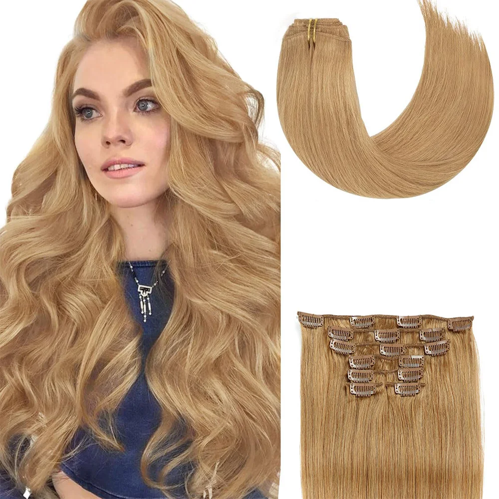 7pcs Clip in Hair Extensions Real Human Hair Straight Weft Seamless Clip ins Color 27# For Women 22-24 Inch 100g/Set