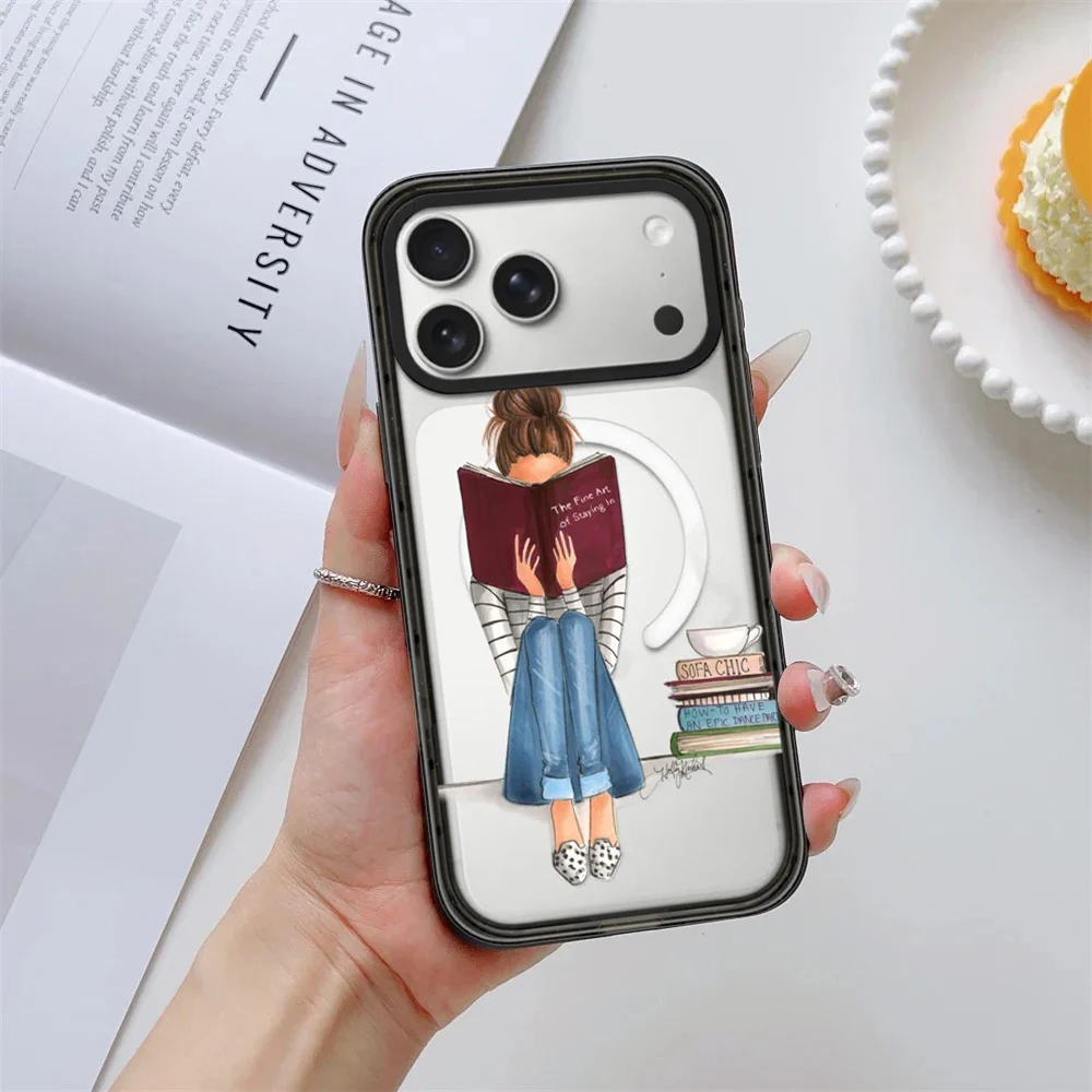

Creative Reading Girl Impact Black Border Magnetic Cover for IPhone 12 13 14 15 16 17 Pro Max Case for IPhone 17 Air