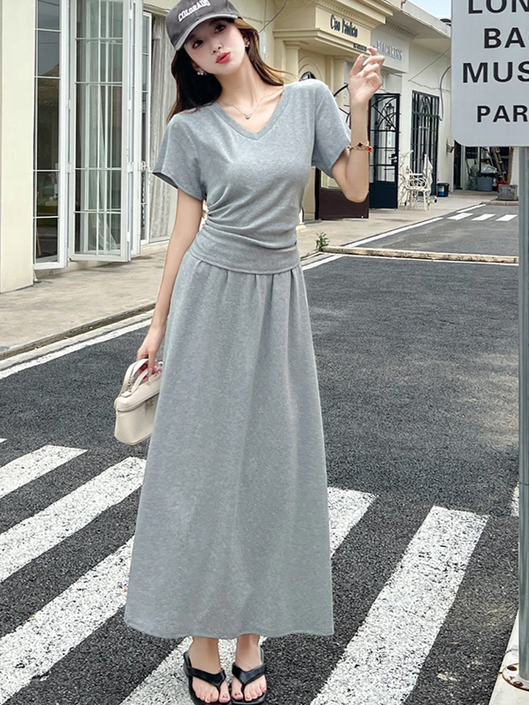 

Женский повседневный комплект из двух предметов, летняя модная футболка с v-образным вырезом и коротким рукавом и эластичной резинкой на талии, длинные юбки трапециевидной формы, костюм 202, корейский